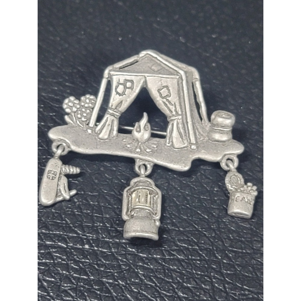 Danecraft VTG Camping Tent Lantern Fire Swiss Army Knife Charm Brooch Pewter